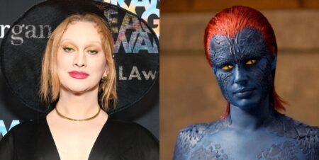Jinkx Monsoon in black on a red carpet (left) and Mystique on the right
