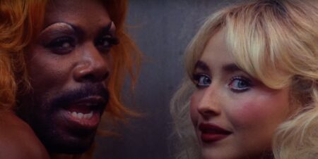 Colman Domingo in drag and Sabrina Carpenter in the latter