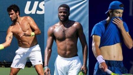 Les joueurs de tennis masculins les plus chauds servant regardent l'ouverture américaine et au-delà