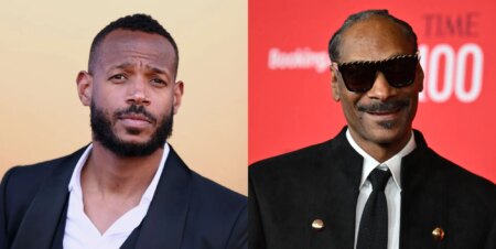 Marlon Wayans (left) and Snoop Dogg (right) in black suits at different red carpet events.