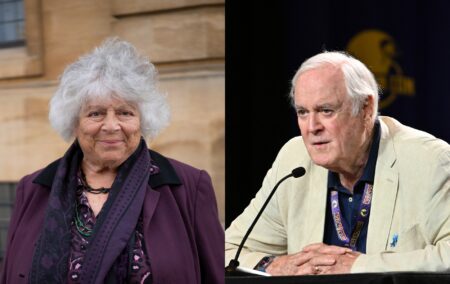 Two images: one of Miriam Margolyes, smiling outside an old building and the other of John Cleese speaking onstage