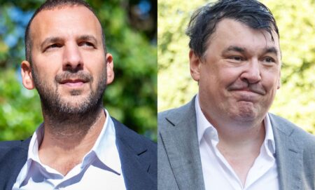 A split image of Zack Polanski, left, and Graham Linehan, right.