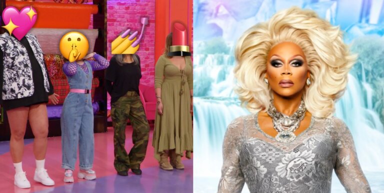 Drag Race UK annonce six invités de célébrités supplémentaires, dont EastEnders Legend et Pop Idol Star On the right, a still from an upcoming episode of Drag Race UK featuring celebrities in the pink Werk Room with their faces covered by emojis. On the right, RuPaul in the promo for season seven.
