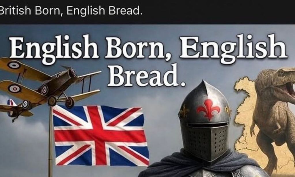 Une image générée par AI-Ai d'un avion, un chevalier, l'Union Jack et un dinosaure.