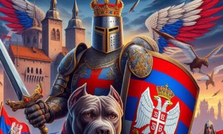 An AI picture of a knight riding an American Pit Bull Terrier.