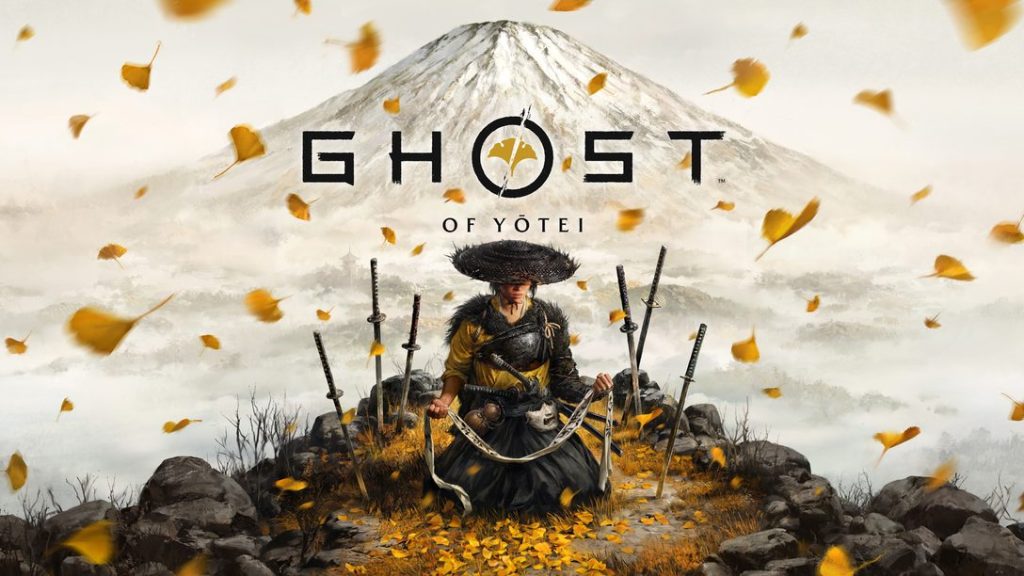 Ghost of Yōtei couverture encore. Une personne tenant un écharpe, avec des épées poignardées dans le sol autour d'elle avec une montagne en arrière-plan. Les feuilles tombent à travers l'alambic.