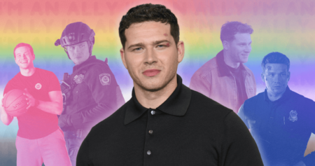 A collage image showing Oliver Stark in the centre, with pink, purple and blue versions of Buck from 9-1-1 behind him. The background is in the inclusive pride flag colours, with faint words reading