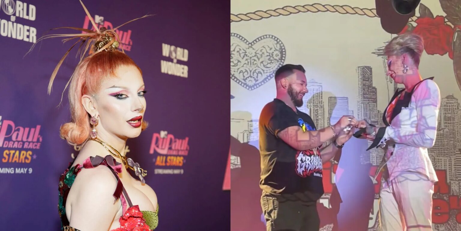 Bosco, le favori de RuPaul's Drag Race, se fiance sur scène on the left, Bosco on the red carpet premiere of all stars 10. On the right, a still from a tiktok video featuring Bosco and her partner Blake getting engaged.