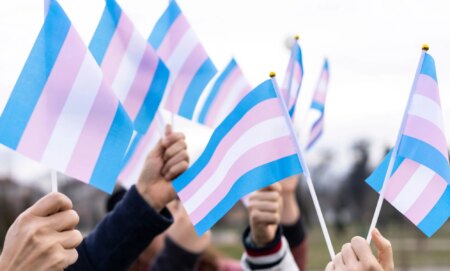 A group of people holding trans flags.