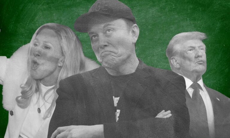 An edited picture of (L-R) Marjorie Taylor Greene, Elon Musk, and Donald Trump, on a chalkboard.