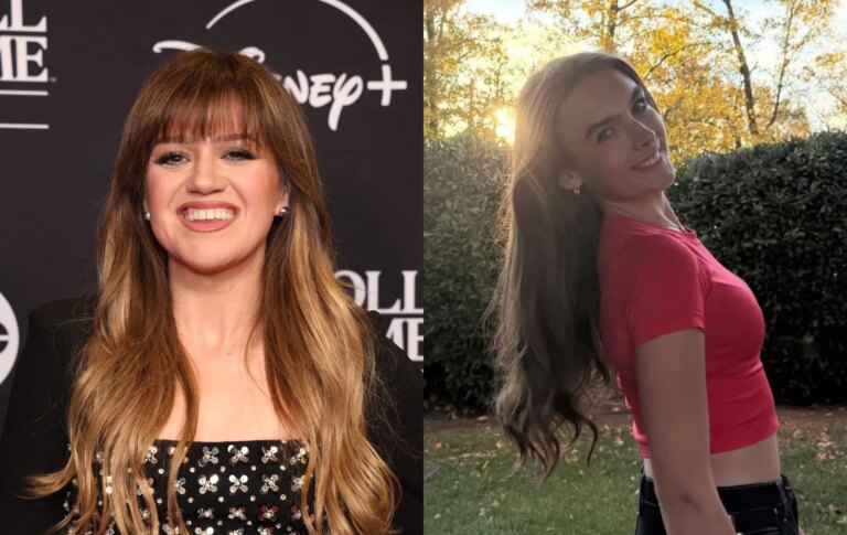 Kelly Clarkson invite une adolescente trans « prospère » à revenir dans son émission pour la Trans Awareness Week Kelly Clarkson on a red carpet with a black dress with floral silver sequins and a shot of trans teen Harleigh in a red cropped top with her long brown hair over her shoudlers.