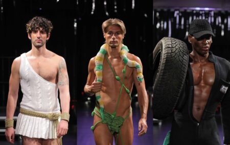 three images stitched together of male models wearing gay wool knitted outfits