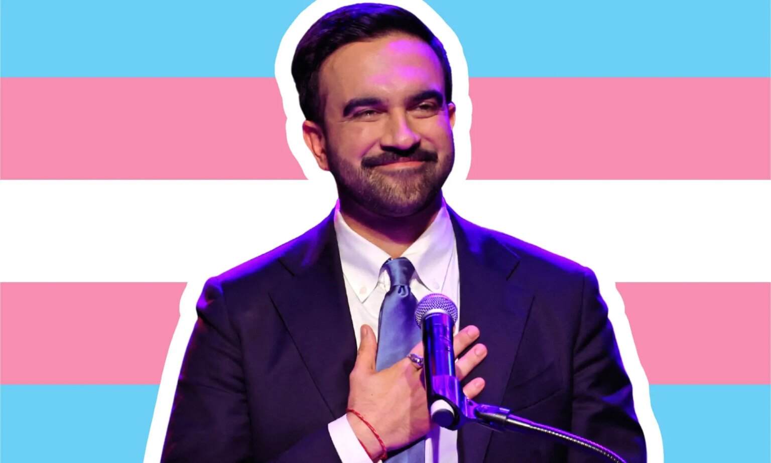 Le « fonds de transition » d’un million de dollars de Zohran Mamdani devient un mème trans viral A photoshopped image of Zohran Mamdani over a trans flag.
