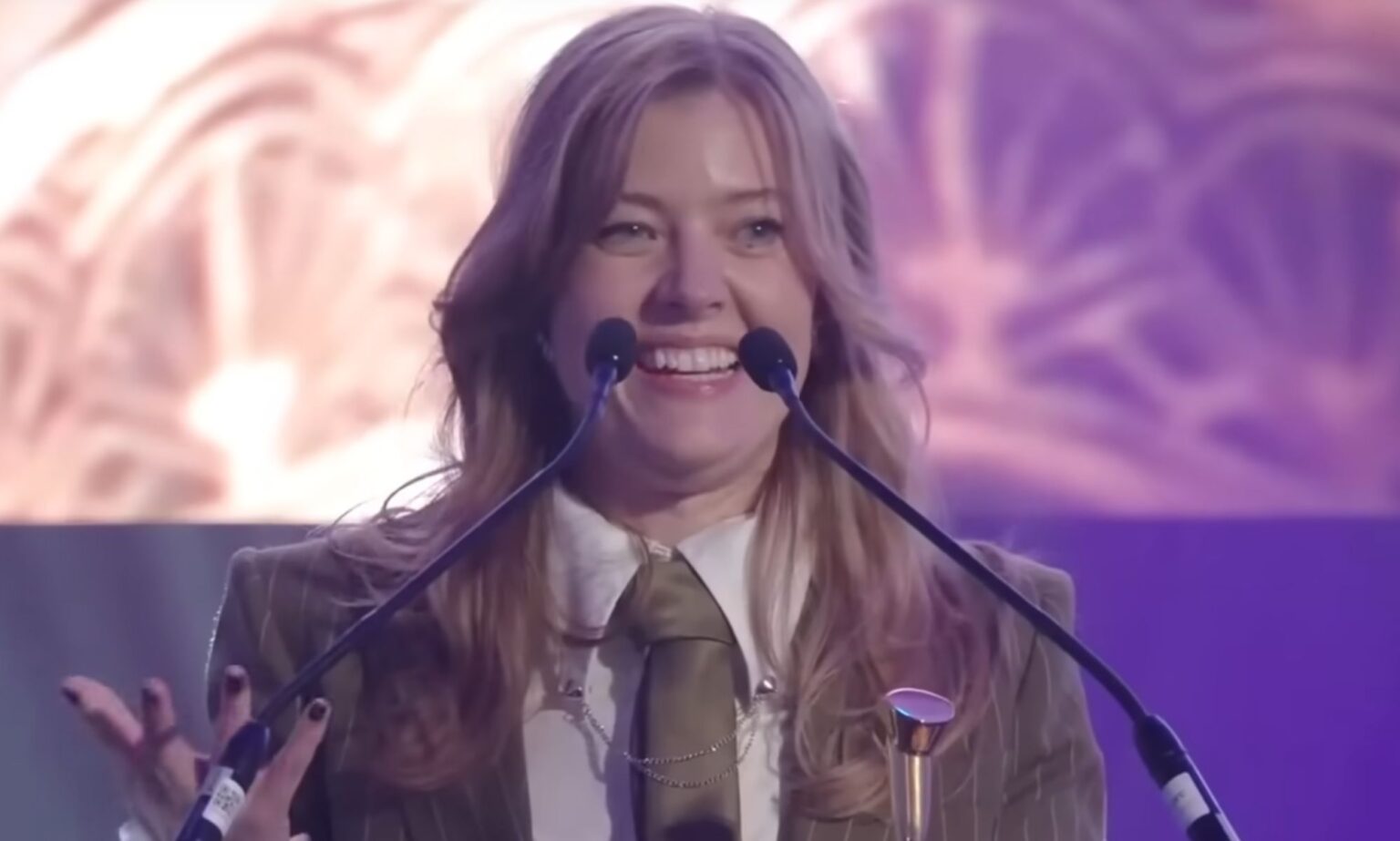 Jennifer English celebrating her win at the Golden Joystick Awards.