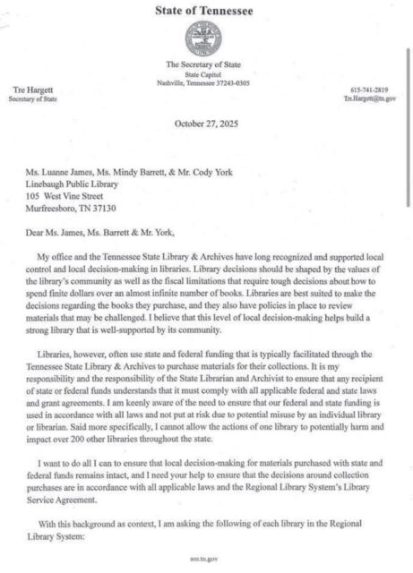 Secrétaire d'État en octobre (voir pièce jointe) exigeant un audit complet des livres pour la jeunesse des bibliothèques afin de mieux s'aligner sur le soi-disant programme de Trump. "Défendre les femmes contre l’extrémisme idéologique de genre et restaurer la vérité biblique au gouvernement fédéral" décret émis le 20 janvier.