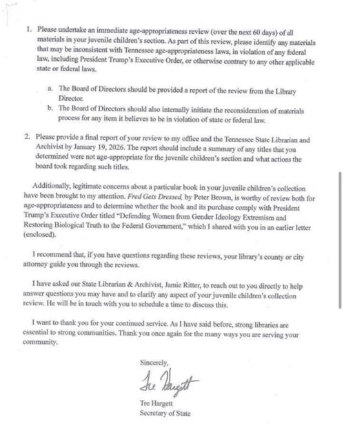 Secrétaire d'État en octobre (voir pièce jointe) exigeant un audit complet des livres pour la jeunesse des bibliothèques afin de mieux s'aligner sur le soi-disant programme de Trump. "Défendre les femmes contre l’extrémisme idéologique de genre et restaurer la vérité biblique au gouvernement fédéral" décret émis le 20 janvier.