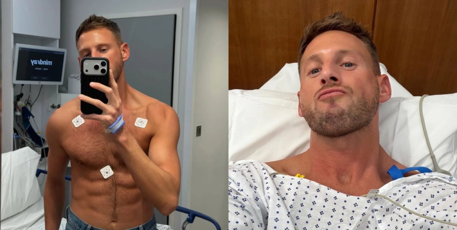 La star de Below Deck et le petit ami de Matt Rogers souffrent d'une crise cardiaque par « empoisonnement à la vape » Fraser Olender in selfies taken during his hospital stay.