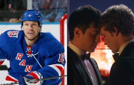 Former hockey pro Sean Avery and a still from Heated RIvalry with two men