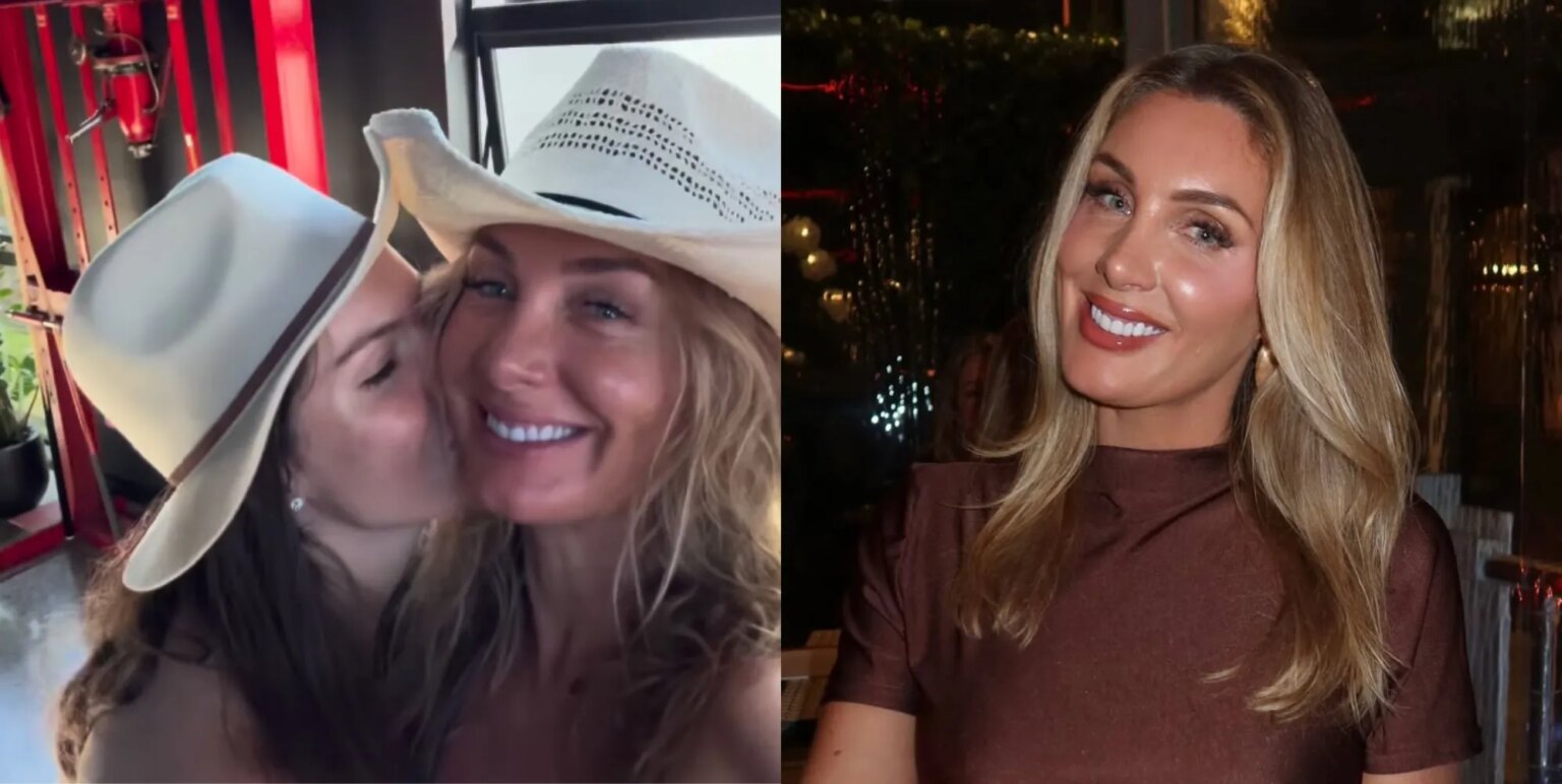 La star de Bachelor, Zilda Williams, confirme sa relation avec sa petite amie : « Faites confiance à votre cœur » Zilda Williams being kissed by a woman (left) and on a night out in a brown top, smiling (right)