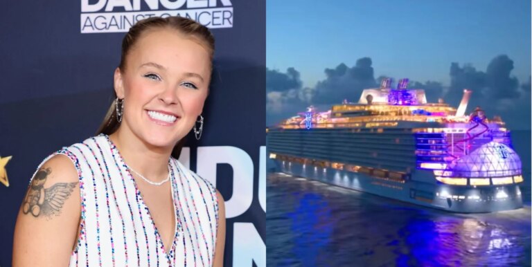 Tous à bord ! Vous pouvez désormais passer des vacances sur un bateau de croisière JoJo Siwa JoJo Siwa smiles in a bedazzled white tank top (left) and a still from her cruise ship announcement video featuring the ship (right).