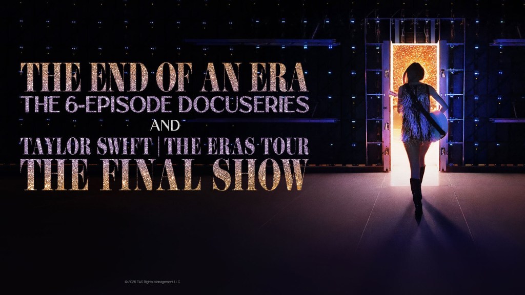Image promotionnelle de Taylor Swift franchissant une porte dorée avec le texte : LA FIN OU UNE ÈRE LES DOCUSERIES EN 6 ÉPISODE ET TAYLOR SWIFT THE ERAS TOUR THE FINAL SHOW