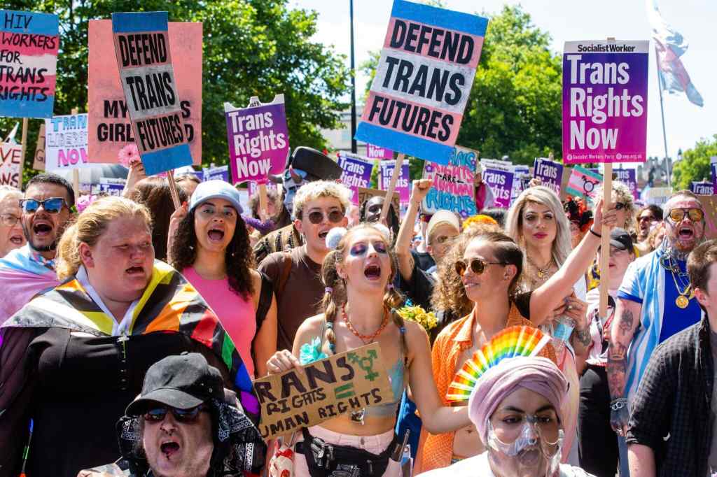 Un grand groupe de personnes portant des pancartes pro-trans défilent à Londres lors d'une marche Trans+ Pride