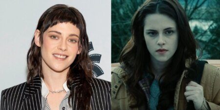 On the left, Kristen Stewart on 4 January. On the right, Kristen Stewart as Bella Swan in Twilight.