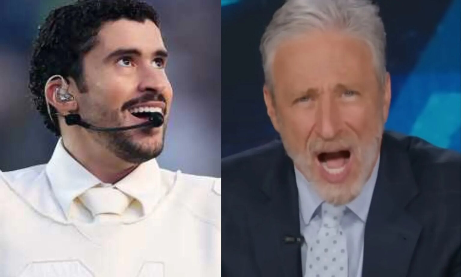 Jon Stewart se moque de la « victimisation » de MAGA à propos du spectacle de la mi-temps du Super Bowl de Bad Bunny : « Pathétique » A split image of Bad Bunny (left) during his Super Bowl Halftime Show and Jon Stewart (right) on The Daily Show.