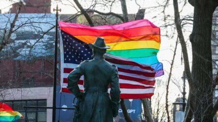 The pride flag was re-raised at the Stonewall National Monument in Greenwich Village, Manhattan, on 12 February, 2026, after its removal by the National Park Service earlier this week.