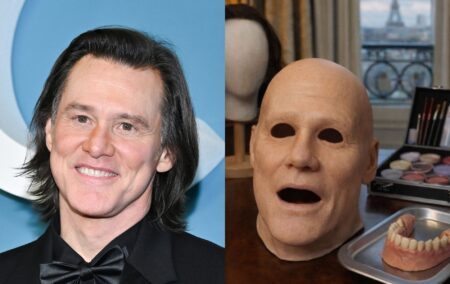 still headshot of Jim Carrey smiling beside Alexis Stone