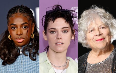 Cat Burns attends The BRIT Awards 2026 with a denim blue jacket and gold hoop earrings. Kristen Stewart in a pale yellow shirt and two silver chain necklaces against a purple BAFTA backdrop. Miriam Margolyes poses during a photo session ahead of the 98th Oscars Nominees. She