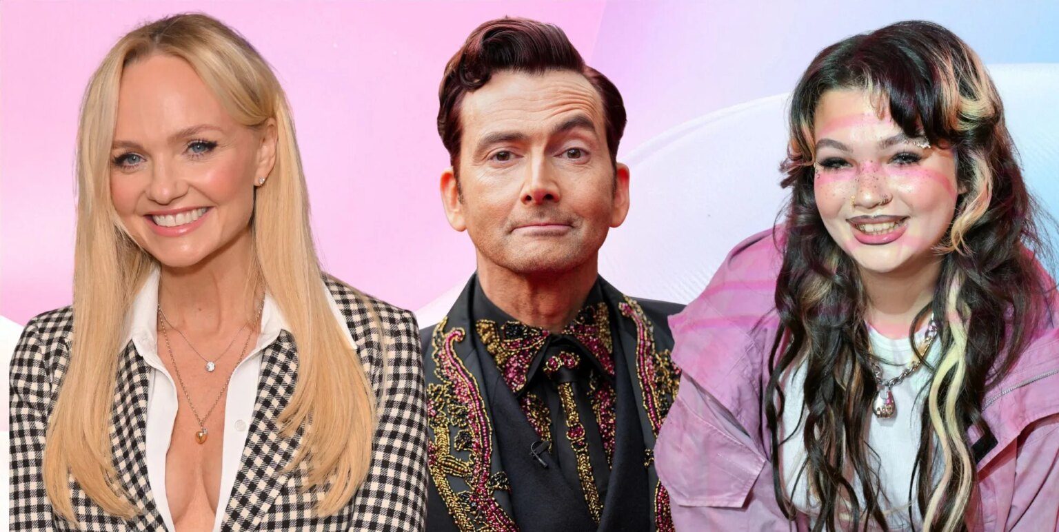 David Tennant, Lola Young et Emma Bunton envoient un message puissant à la communauté trans a collage featuring emma bunton david tennant lola young against a pink and blue background