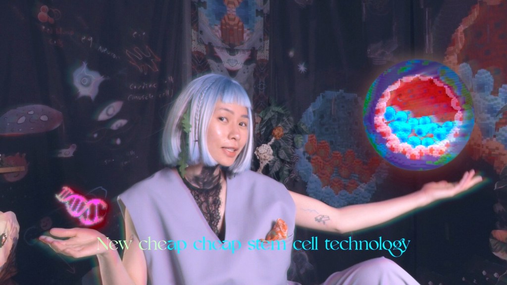 Dans Petri Dish We Sing : image abstraite d'une personne tenant des cellules modifiées et un brin d'ADN