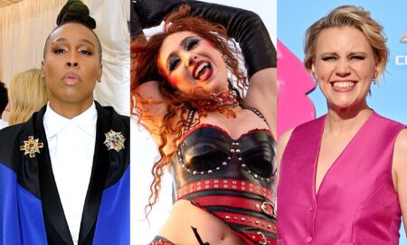 A split image of Lena Waithe, Chappell Roan, and Kate McKinnon.