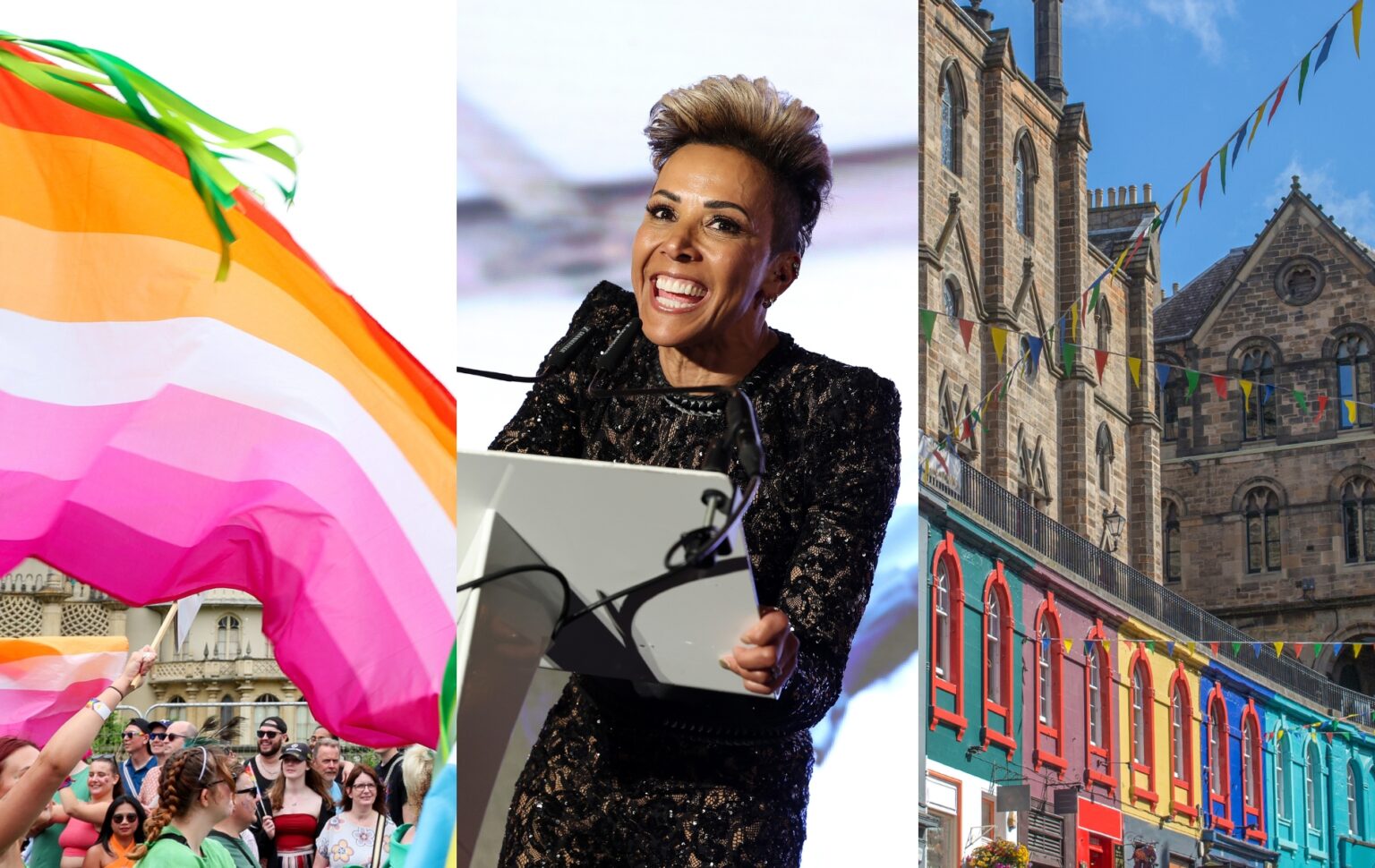 Sept fabuleux événements saphiques pour célébrer la Semaine de la visibilité lesbienne Lesbian Visibility Week: lesbian flag, Dame Kelly Holmes and image of Edinburgh street.
