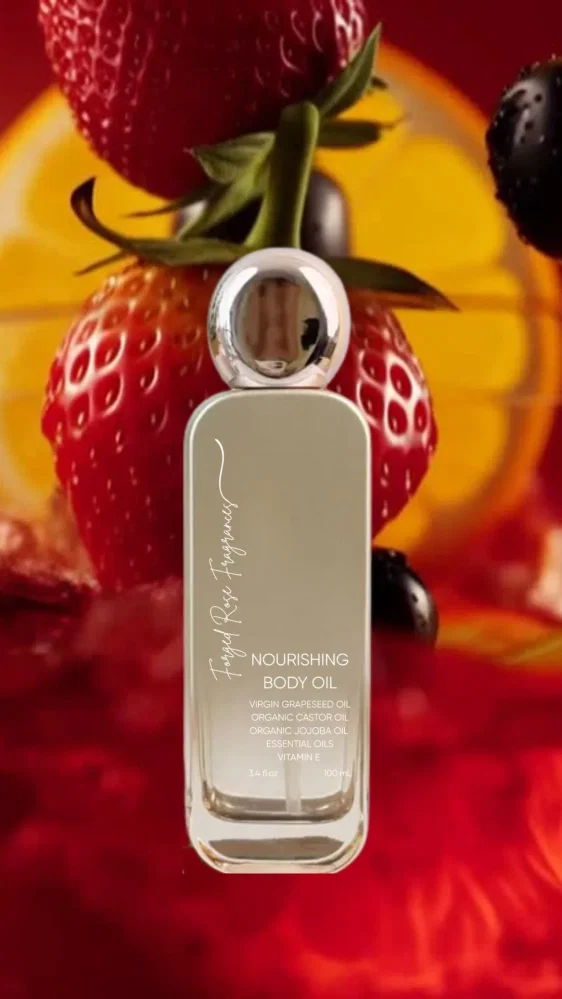 Une bouteille d'huile nourrissante pour le corps et les cheveux Forged Rose Fragrances Strawberry Sangria devant un fond fuity