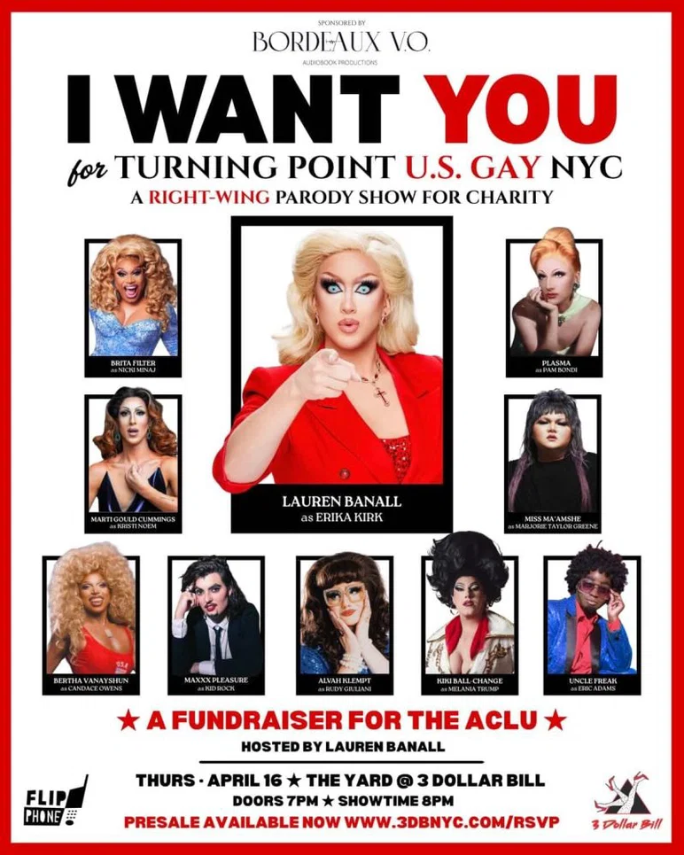 L'affiche montre 10 artistes de drag et énumère les personnalités de droite qu'ils ont représentées dans le spectacle.