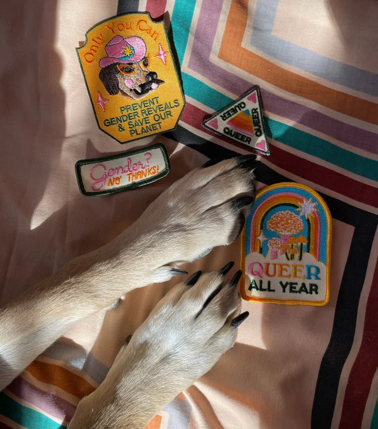 pattes de chien sur un espace vierge entouré d'une variété de patchs brodés sur le thème LGBTQ+