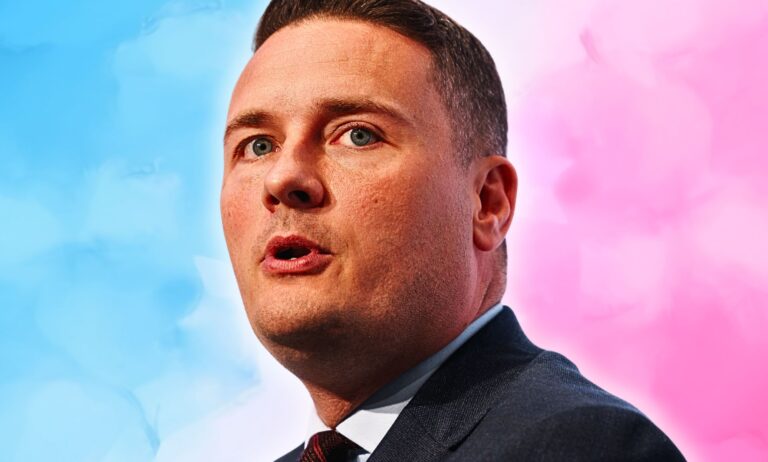 Wes Streeting : « Chaque personne trans mérite sécurité et respect – cela ne fait pas débat » An edited image of Wes Streeting against the colours of the trans flag