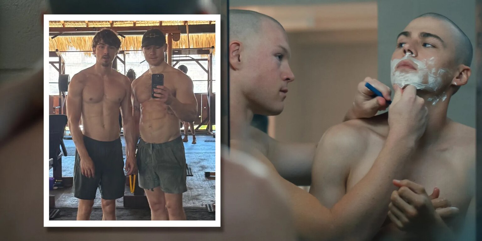 Les stars de Netflix Boots, Miles Heizer et Angus O'Brien, se réunissent pour un piège à soif torse nu Miles Heizer and Angus O