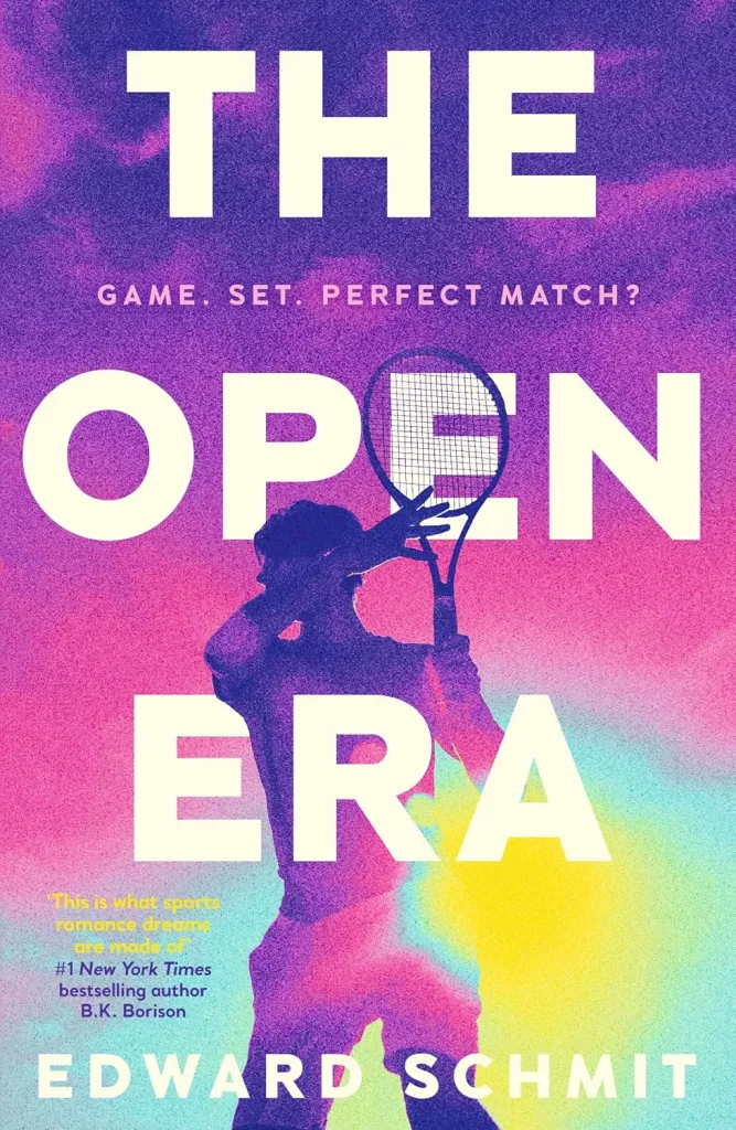 Couverture de The Open Era d'Edward Schmit : une silohette d'un homme jouant au tennis sur un ciel aux couleurs de l'arc-en-ciel