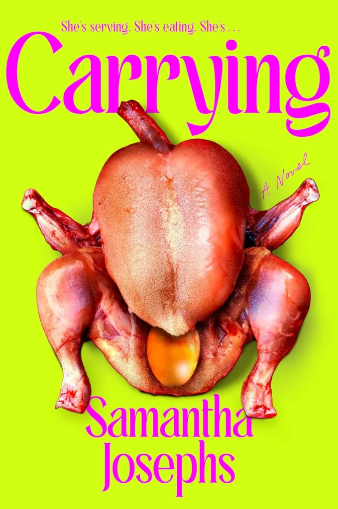 Porté par Samantha Josephs en couverture : un poulet rôti avec des morceaux et un œuf qui en sort sur un fond vert fluo