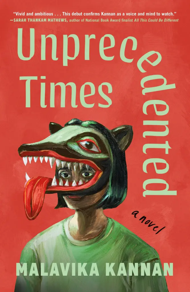 Couverture d'Unprecedented Times de Malavika Kannan : une personne avec un masque de créature mondiale avec un carré sombre