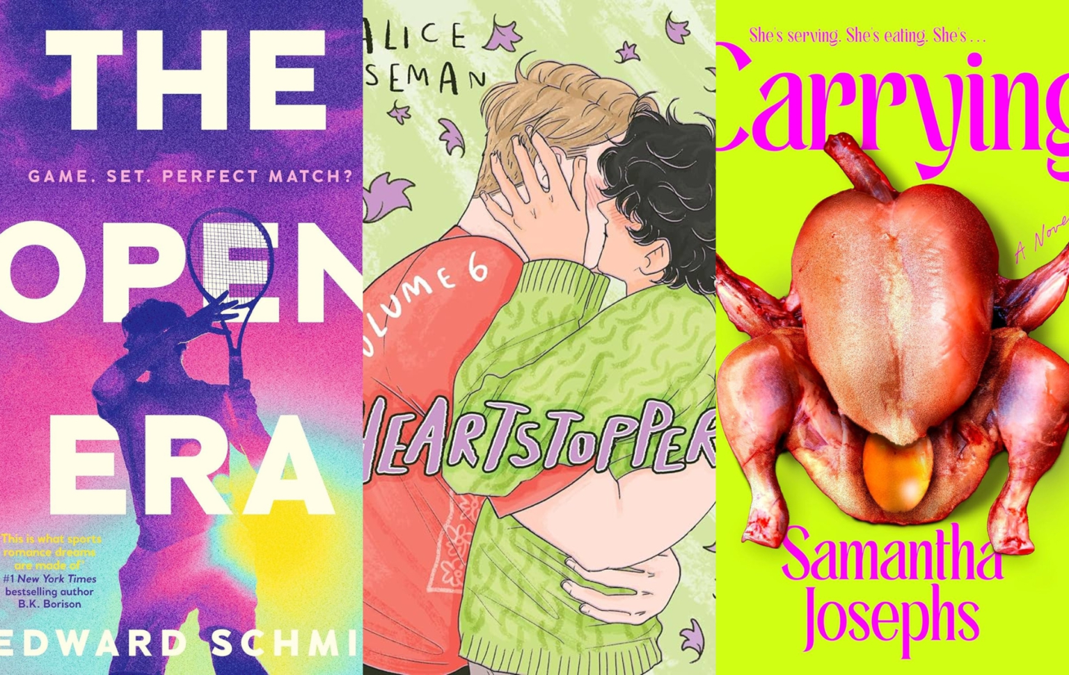 Les livres LGBTQ+ incontournables à venir en 2026 Boook covers of The Open Era, Heartstopper and Carrying