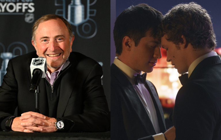 Les patrons de la LNH sont déjà préoccupés par la saison 2 de Heated Rivalry Two images: National Hockey League Commissioner Gary Bettman sat in front of a mic. Heated Rivarly still of Shane Hollander (Hudson Williams) and Ilya Rozanov (Connor Storrie) resting their foreheads together.