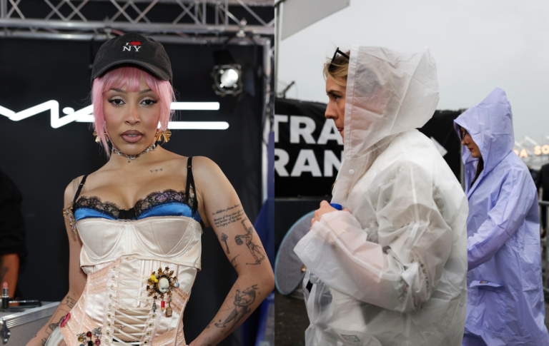 Primavera Sound 2026 plongé dans le chaos alors que le set de Doja Cat est annulé Doja Cat headshot in a corset dress beside image of festival goers at the entrance wearing rain ponchos.