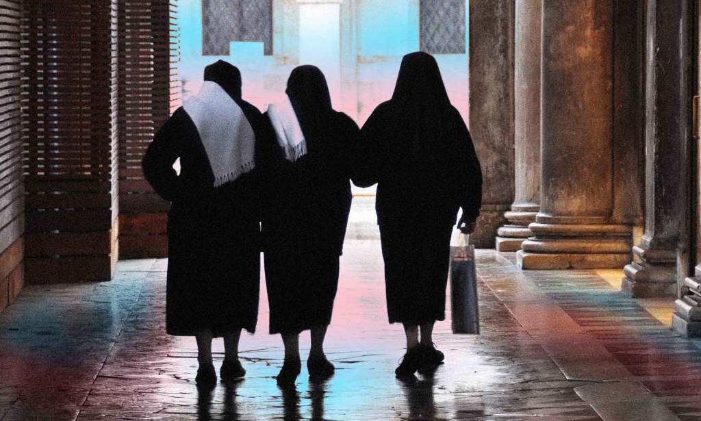 L’image montre un groupe de religieuses marchant dos à la caméra, devant un drapeau transgenre en toile de fond.