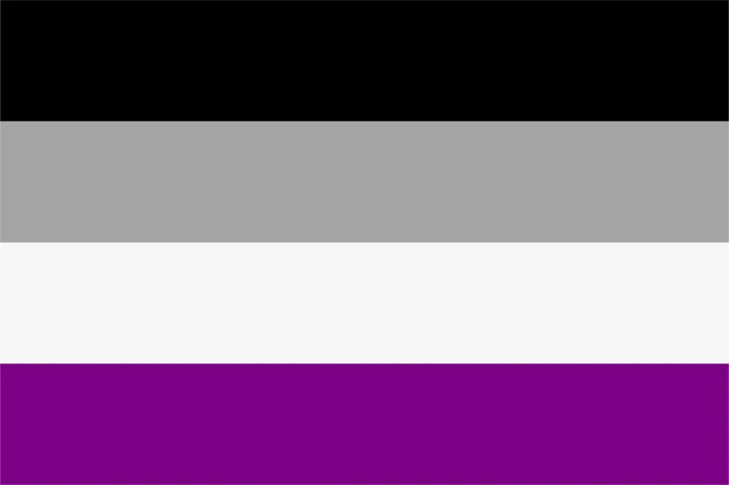 Les couleurs du drapeau asexué : noir, gris, blanc et violet