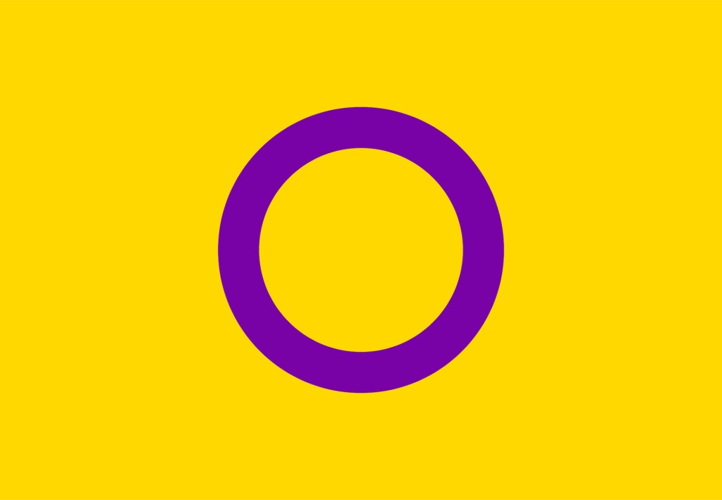 Couleurs du drapeau de la fierté intersexuée : jaune avec un cercle violet au centre