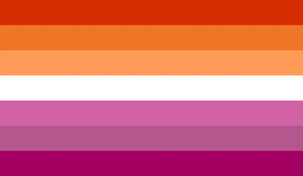 Les rayures et les couleurs du drapeau de la fierté lesbienne incluent l'orange foncé pour "non-conformité de genre"orange pour "indépendance"orange clair pour "communauté"blanc pour "relations uniques avec la féminité"rose pour "sérénité et paix"rose poussiéreux pour "l'amour et le sexe"et rose foncé pour "féminité"